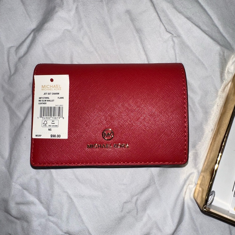 Michael Kors Flame Red Saffiano Leather Card Wallet with Gold Logo